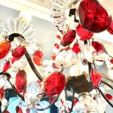 Antique chandelier with red crystal pendants, 9 lights.