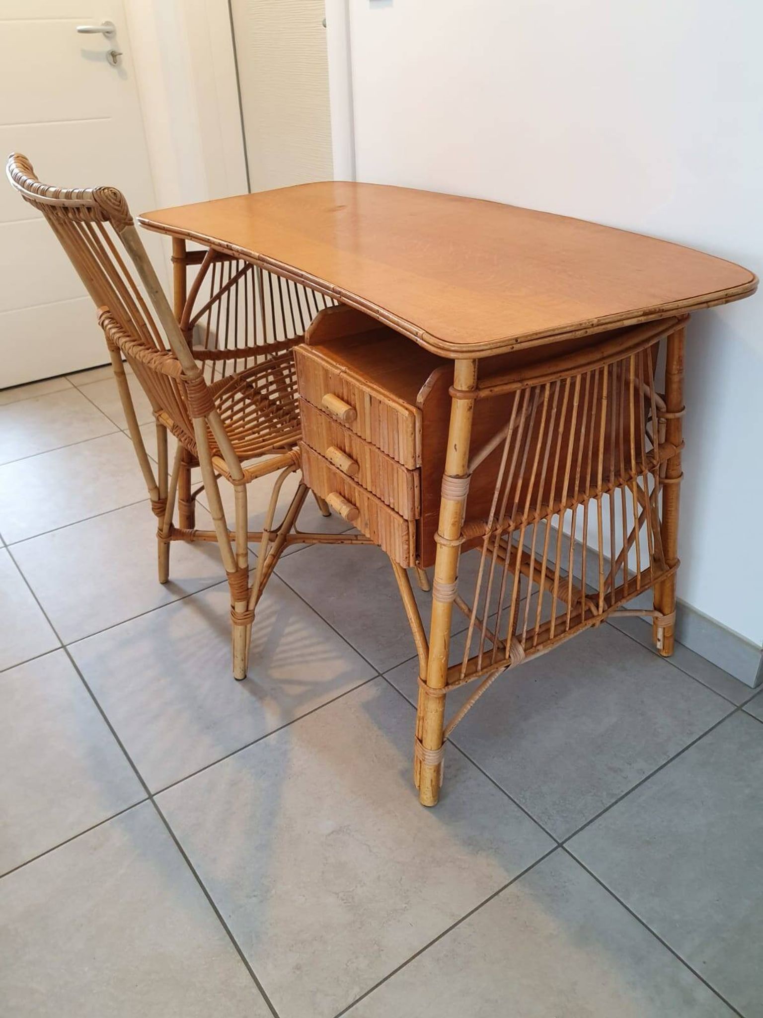 Rattan and bamboo desk with chair - Audoux Minet style from the 1970s.