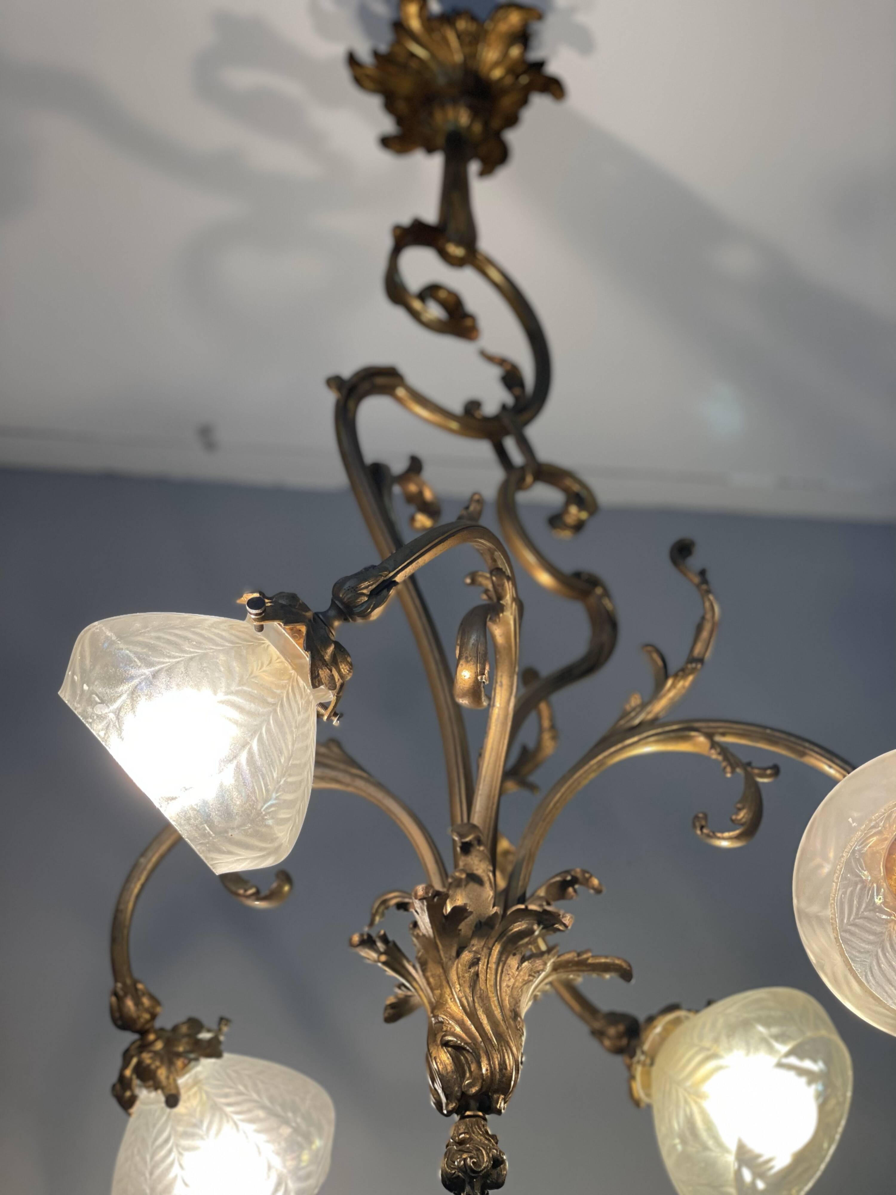Jugendstil Golden Chandelier with Frosted Glass Shades