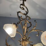 Jugendstil Golden Chandelier with Frosted Glass Shades