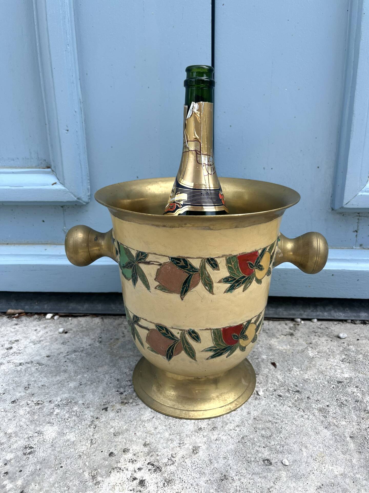 French Brass Cloisonné Style Champagne Bucket with Hand-Painted Fruit