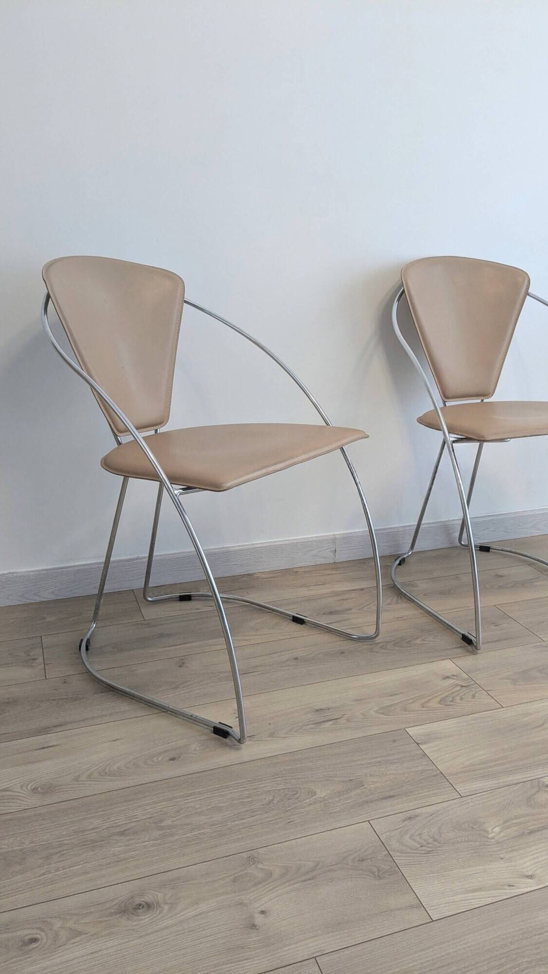 Set of 3 Linda chairs by Arrben – beige faux leather and chrome steel – 1980s