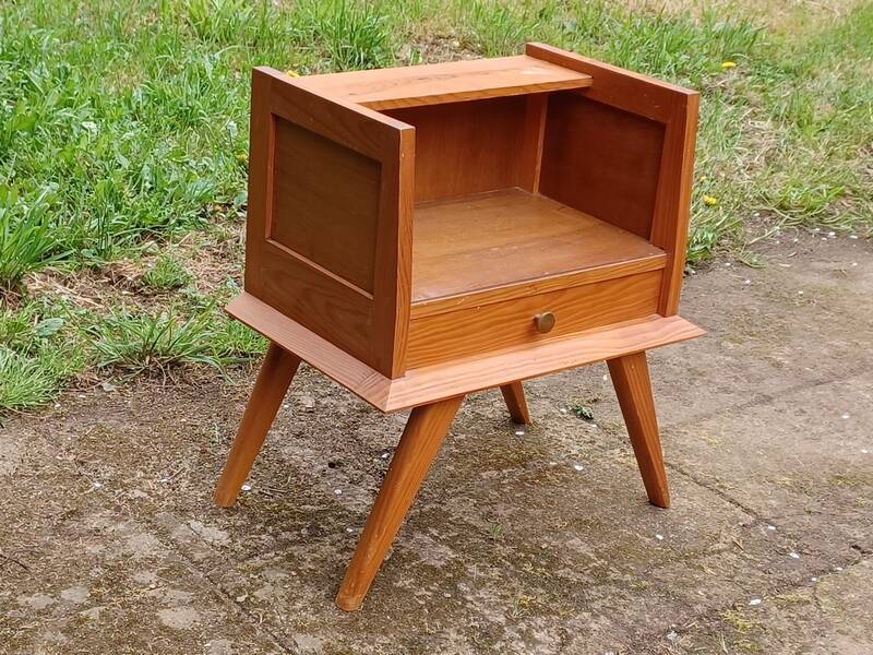 Solid pitch pine bedside table with vintage splayed legs.