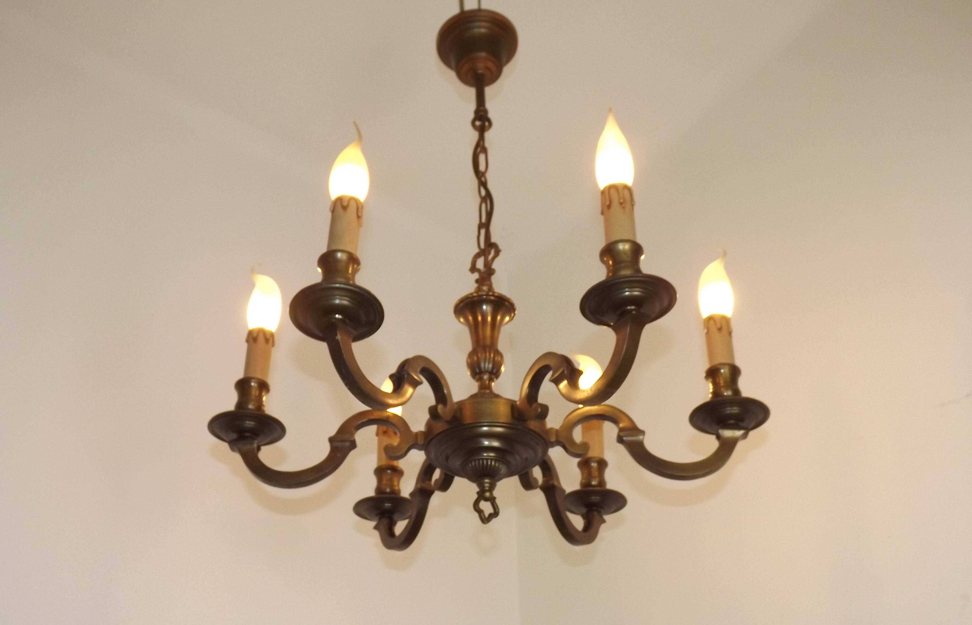 French Mid Century Brass & Copper 6 Light Traditional Style Chandelier 5571