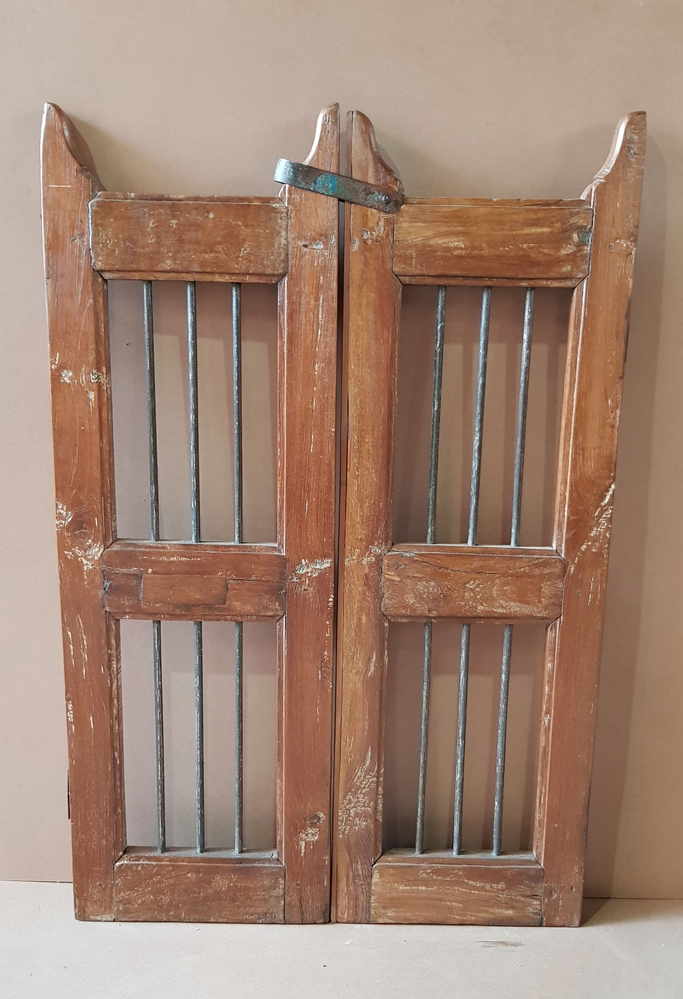 Old Burmese teak gate with openwork wrought iron panels