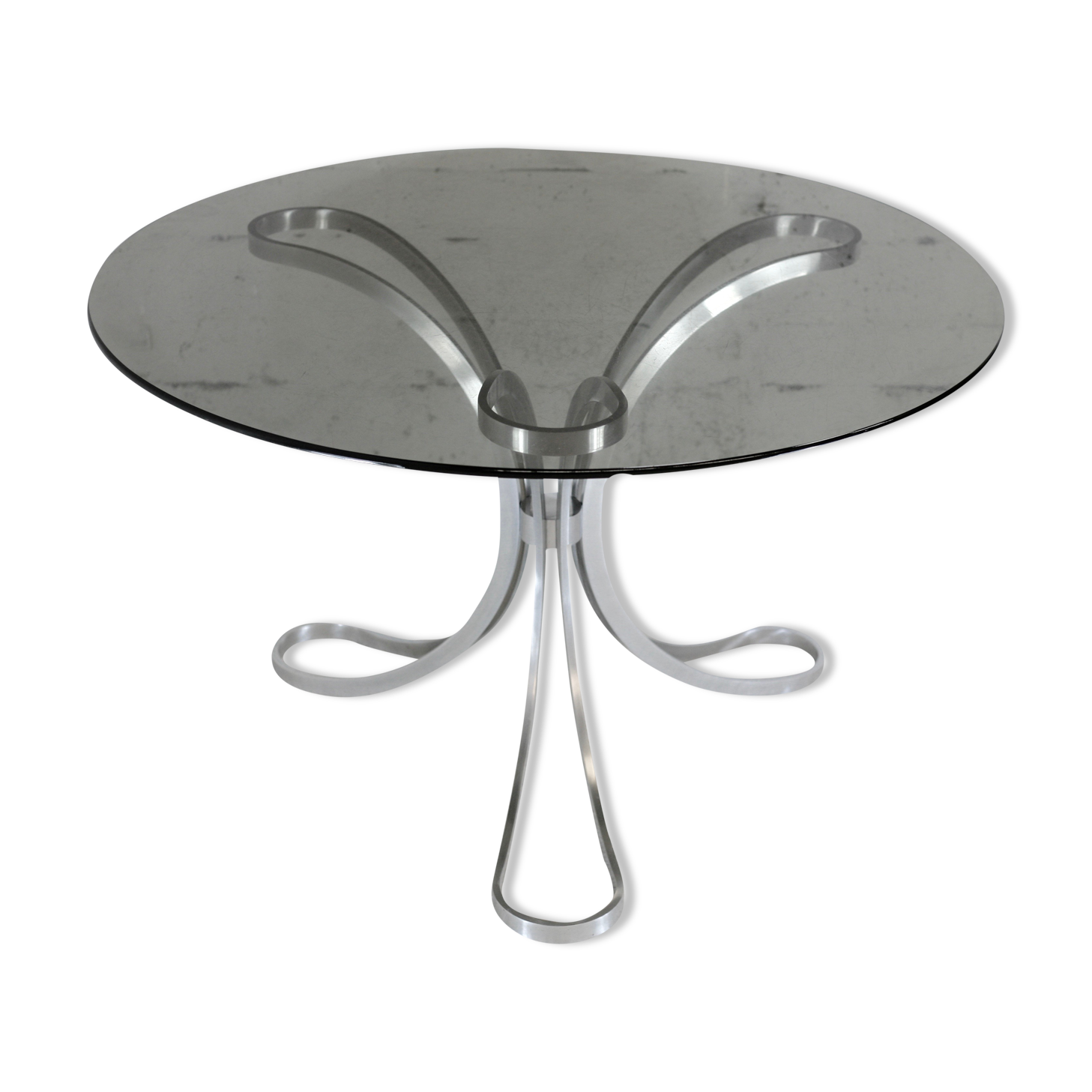 Living room table "Space Age" polished steel, circular slab smoked glass. France, circa 1970.