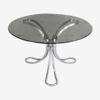Living room table "Space Age" polished steel, circular slab smoked glass. France, circa 1970.
