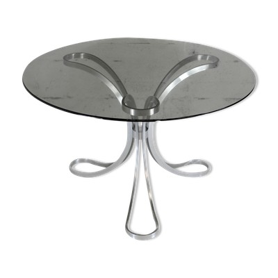 Table de séjour ''Space Age'' acier poli, dalle circulaire verre fumé. France, circa 1970.