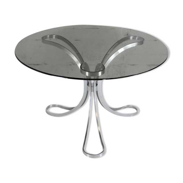 Table de séjour ''Space Age'' acier poli, dalle circulaire verre fumé. France, circa 1970.