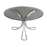 Living room table "Space Age" polished steel, circular slab smoked glass. France, circa 1970.