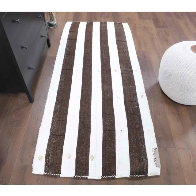 Vintage Turkish Oushak Handmade Wool Cotton White Kilim Runner Rug 89x207