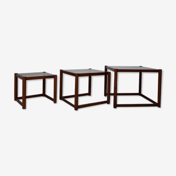 Interlocking coffee tables in wood and leather 1970