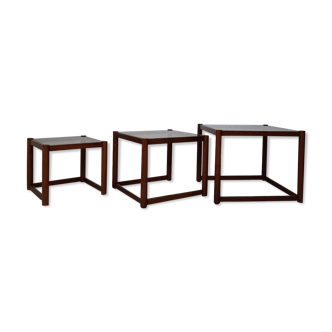 Interlocking coffee tables in wood and leather 1970