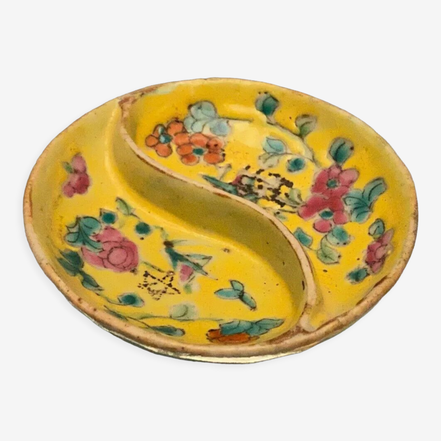 Coupelle compartimentée en porcelaine de Chine décor floral sur fond jaune  | Selency