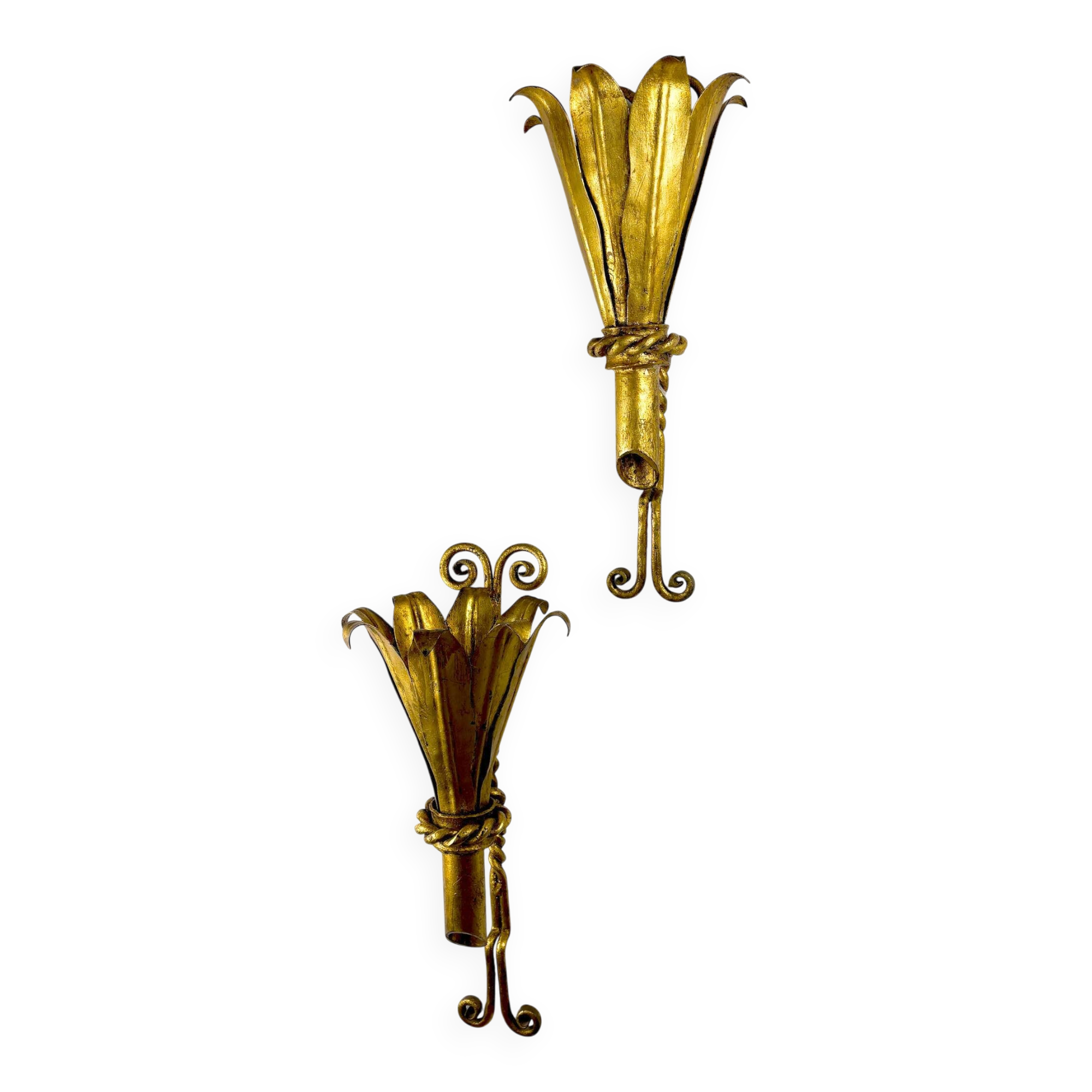 Pair of XL gilt metal tulip wall sconces, France, 1960s