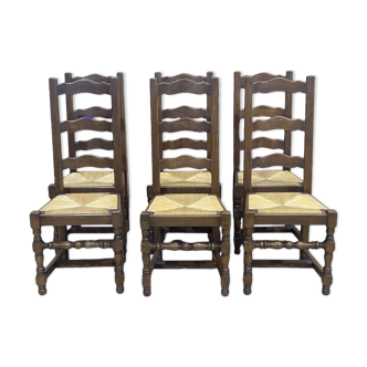 Suite de 6 chaises rustique en chêne et assise paille