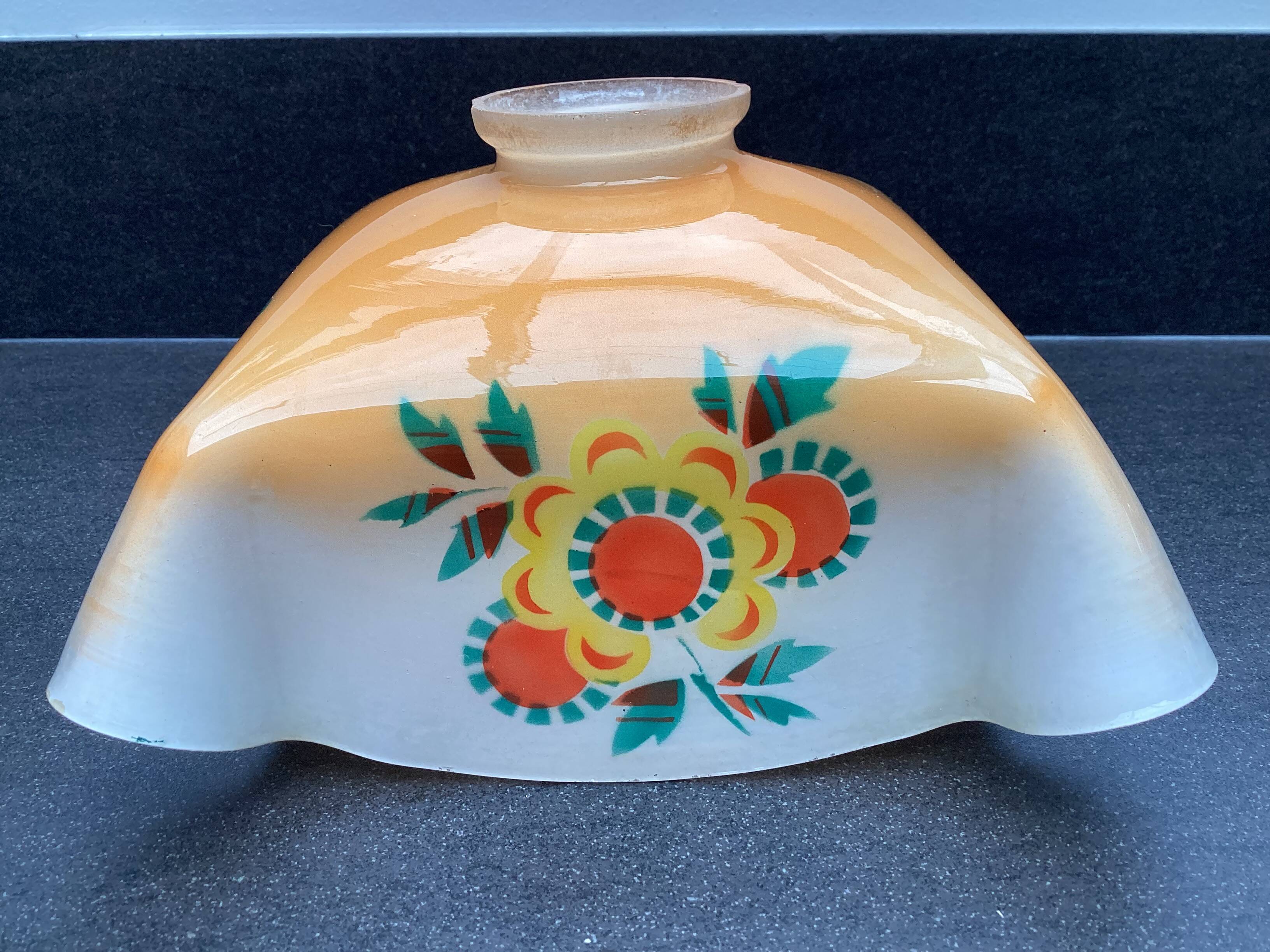 Vintage patterned painted glass pendant lampshade, Czechoslovakia