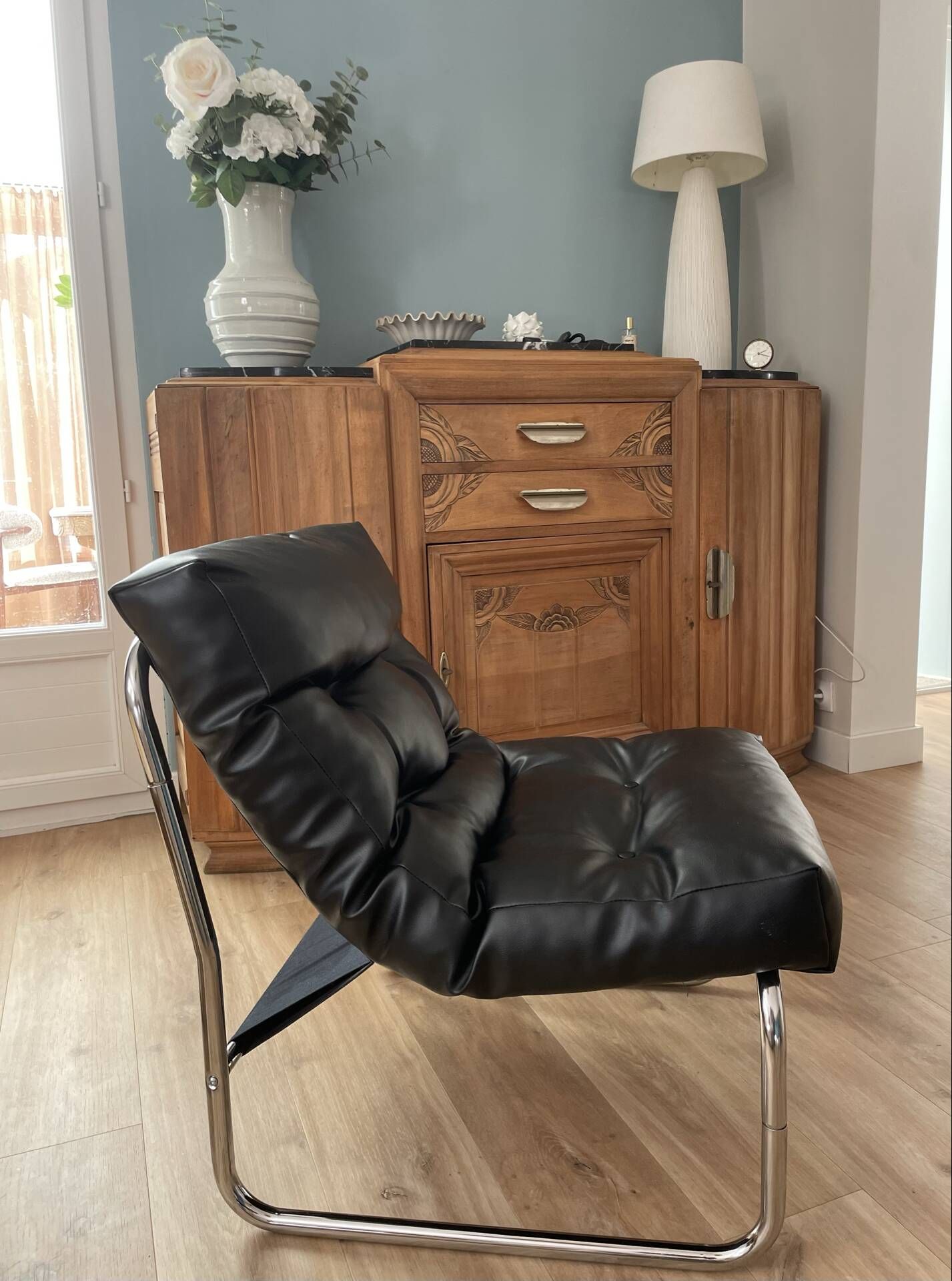 Vintage IKEA Pixi armchair, stainless steel, faux leather.
