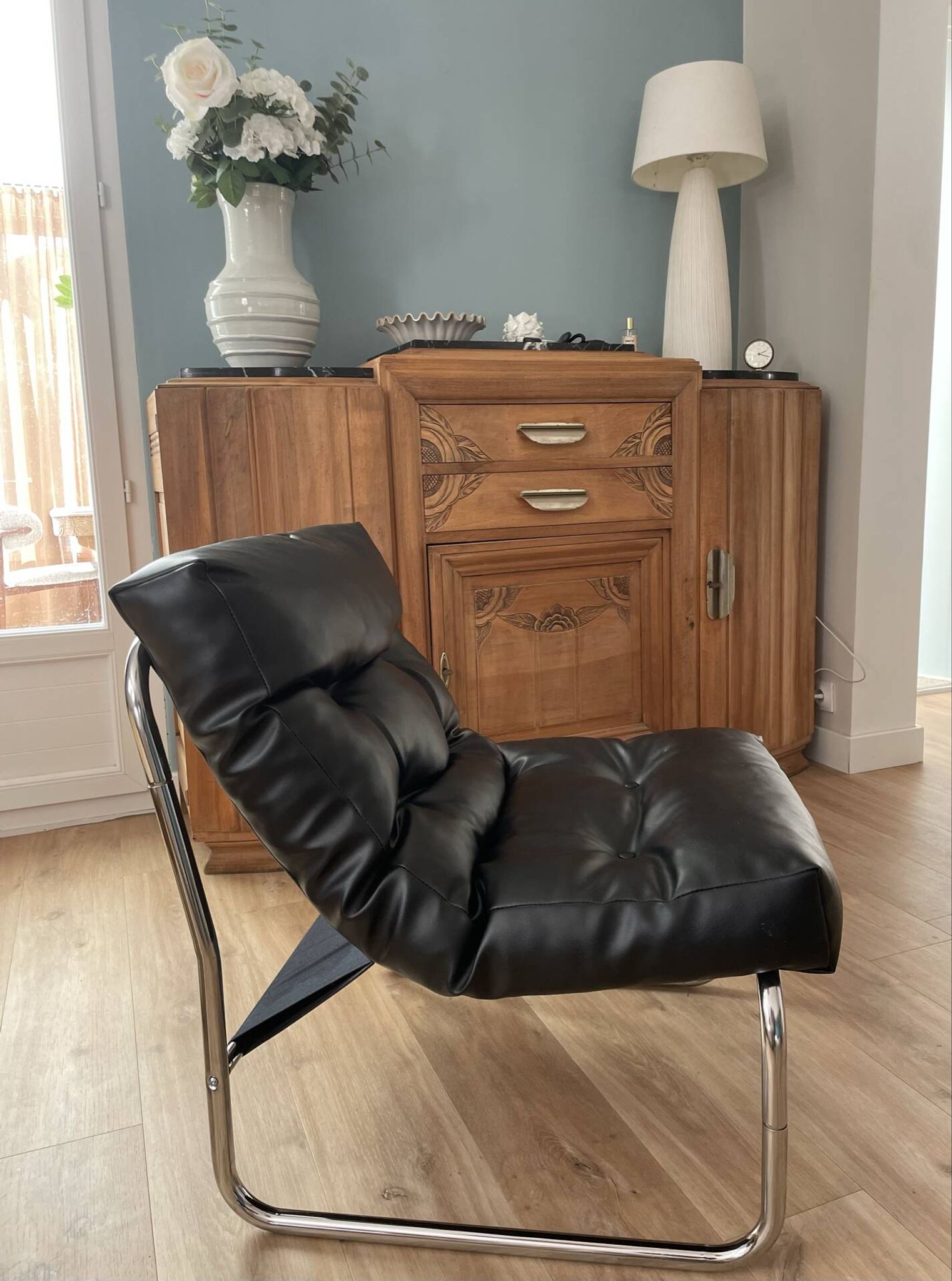 Fauteuil Pixi vintage IKEA inox simili cuir