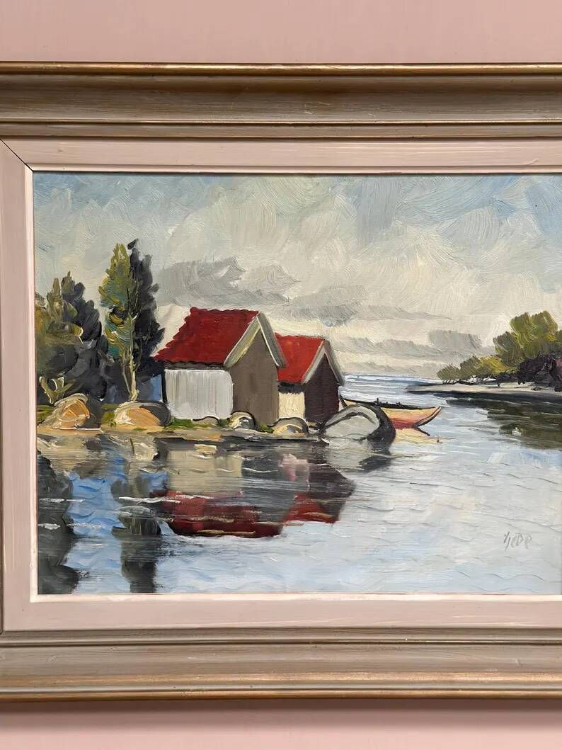 Original Swedish Oil on Canvas – "Houses and Trees", Unknown Artist – Signed, Vintage and Framed – 53.5 x 46 cm (21 x 18 inches)