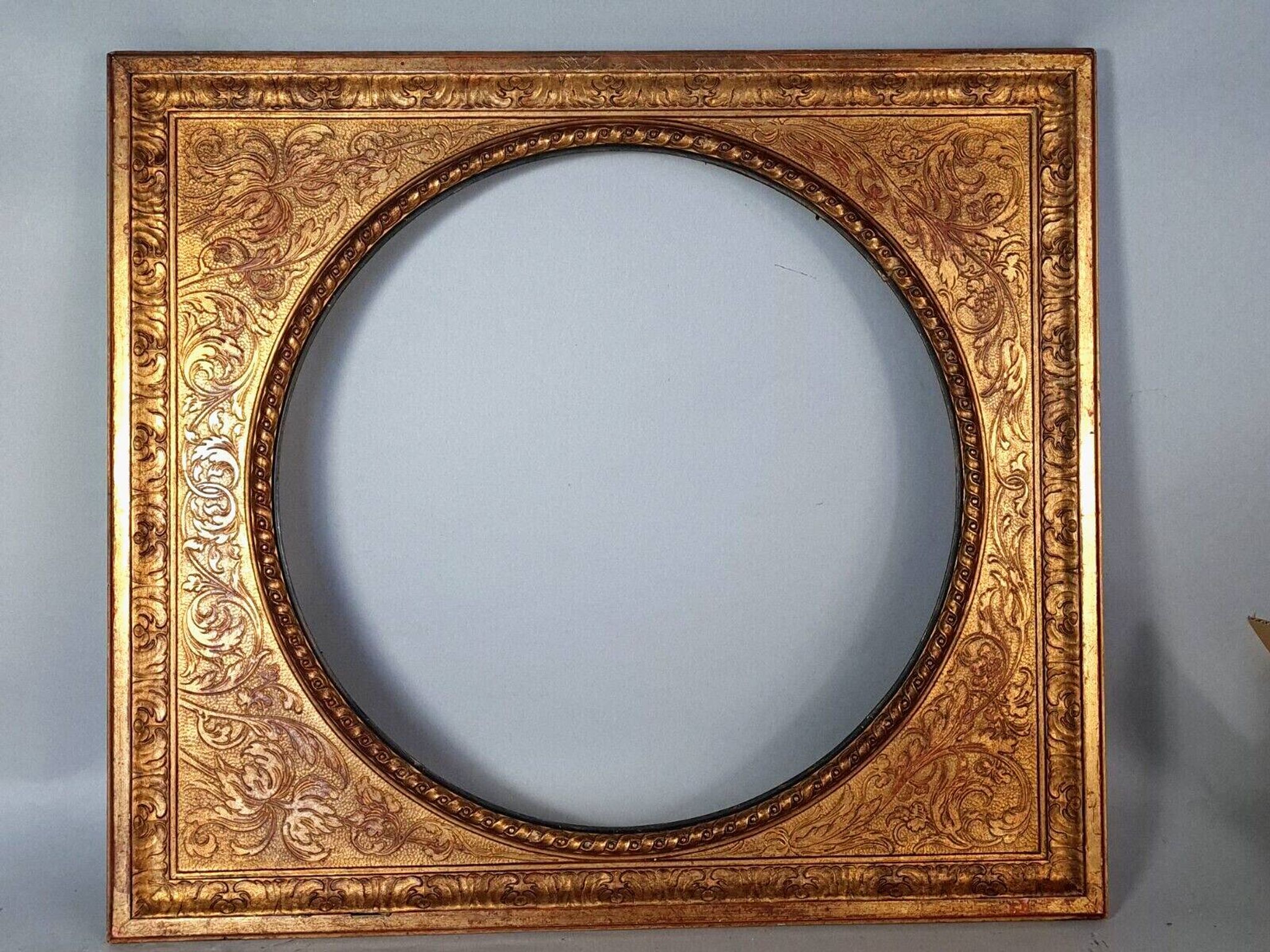 Old Florentine frame round view rebate 38 cm chiseled wood gilded stucco + glass SB656
