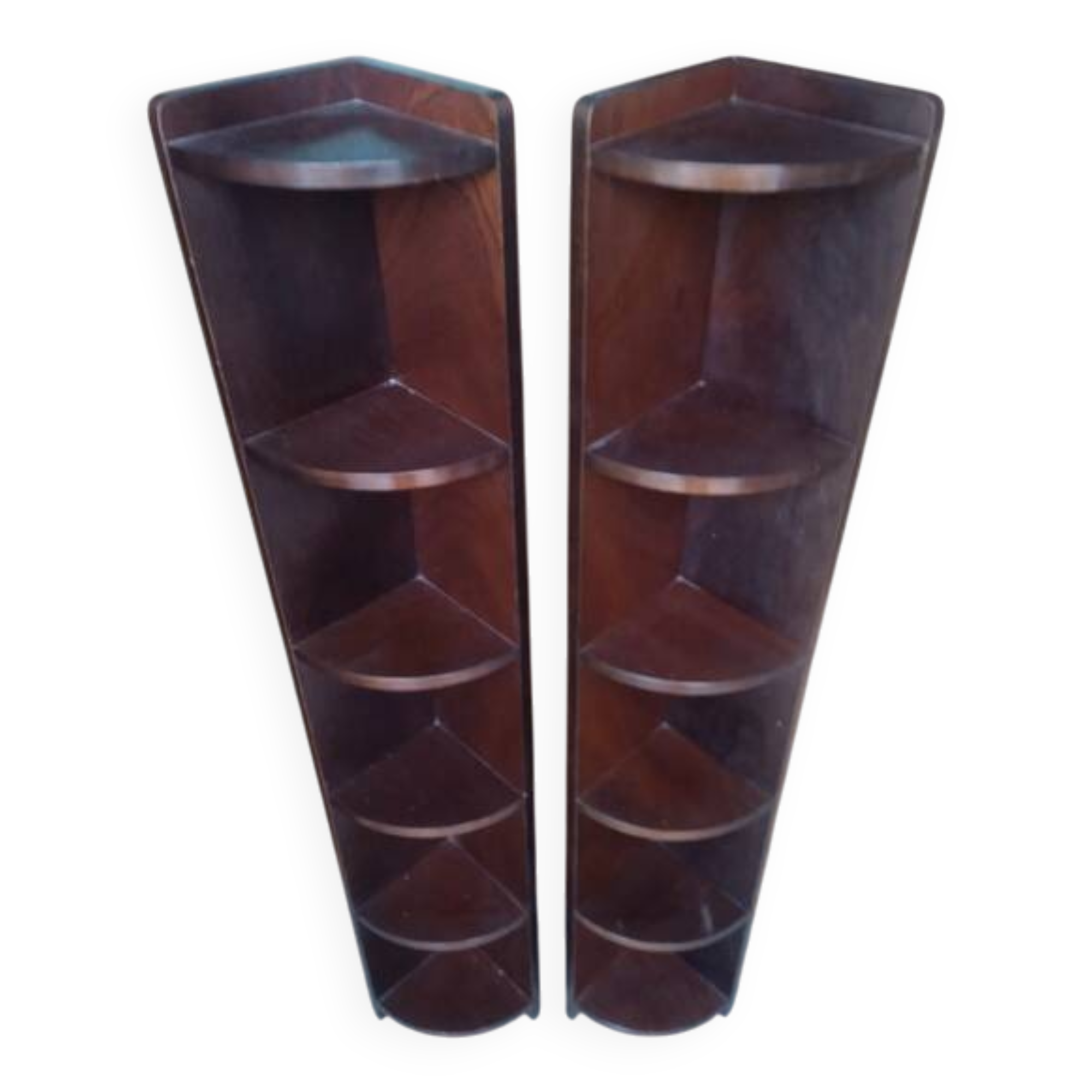 Pair of mahogany art deco style column corner cabinets