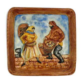 DISH IN BARBOTINE SCENE OF FISHERMAN 1960 FORT RELIEF RENE DELARUE DEVRES