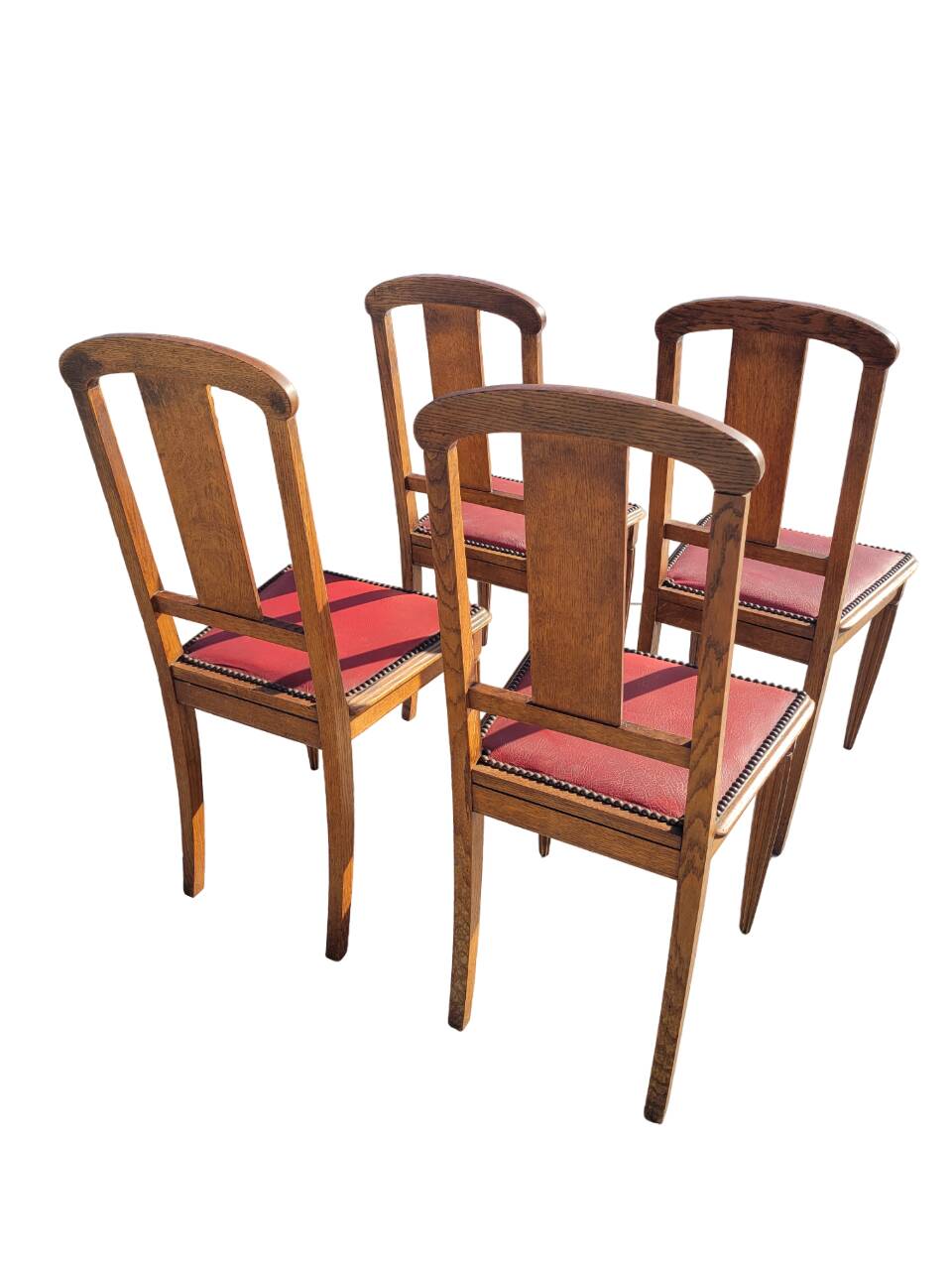 Set of 4 Art Deco Chairs in wood and red imitation leather