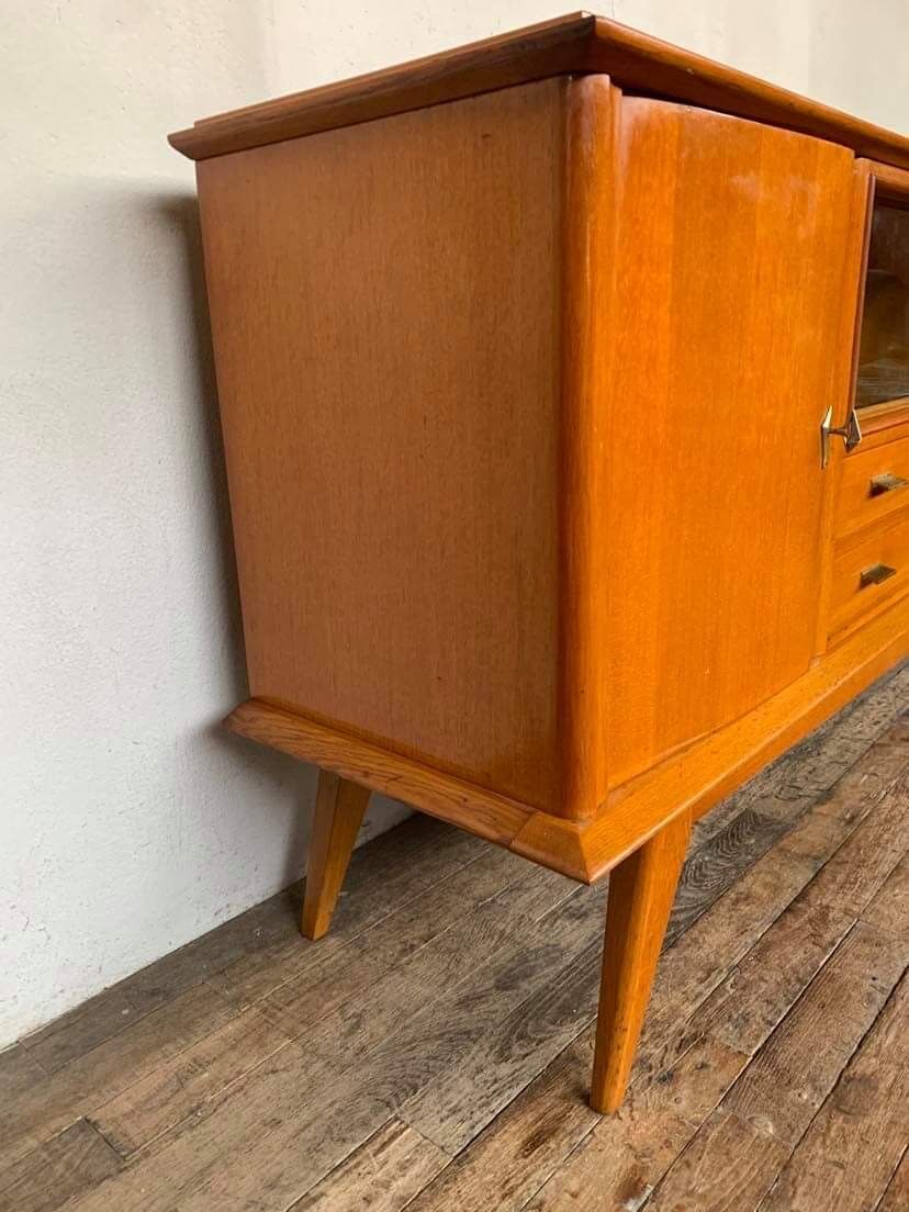 Enfilade moderniste en chêne longueur 197 vintage 1950 pieds compas