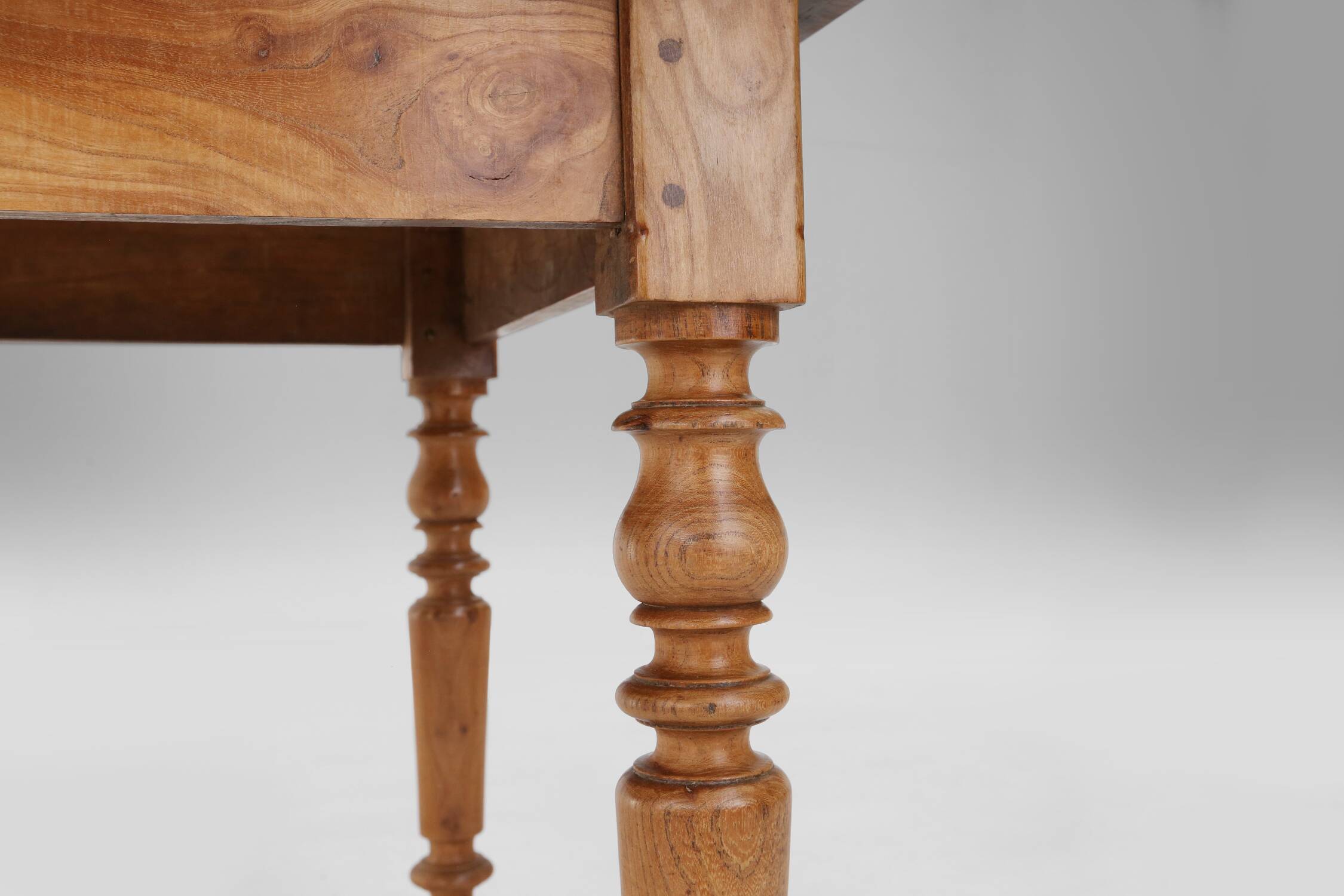 Wabi sabi style French dinner table in elm wood with drawer, ca. 1850