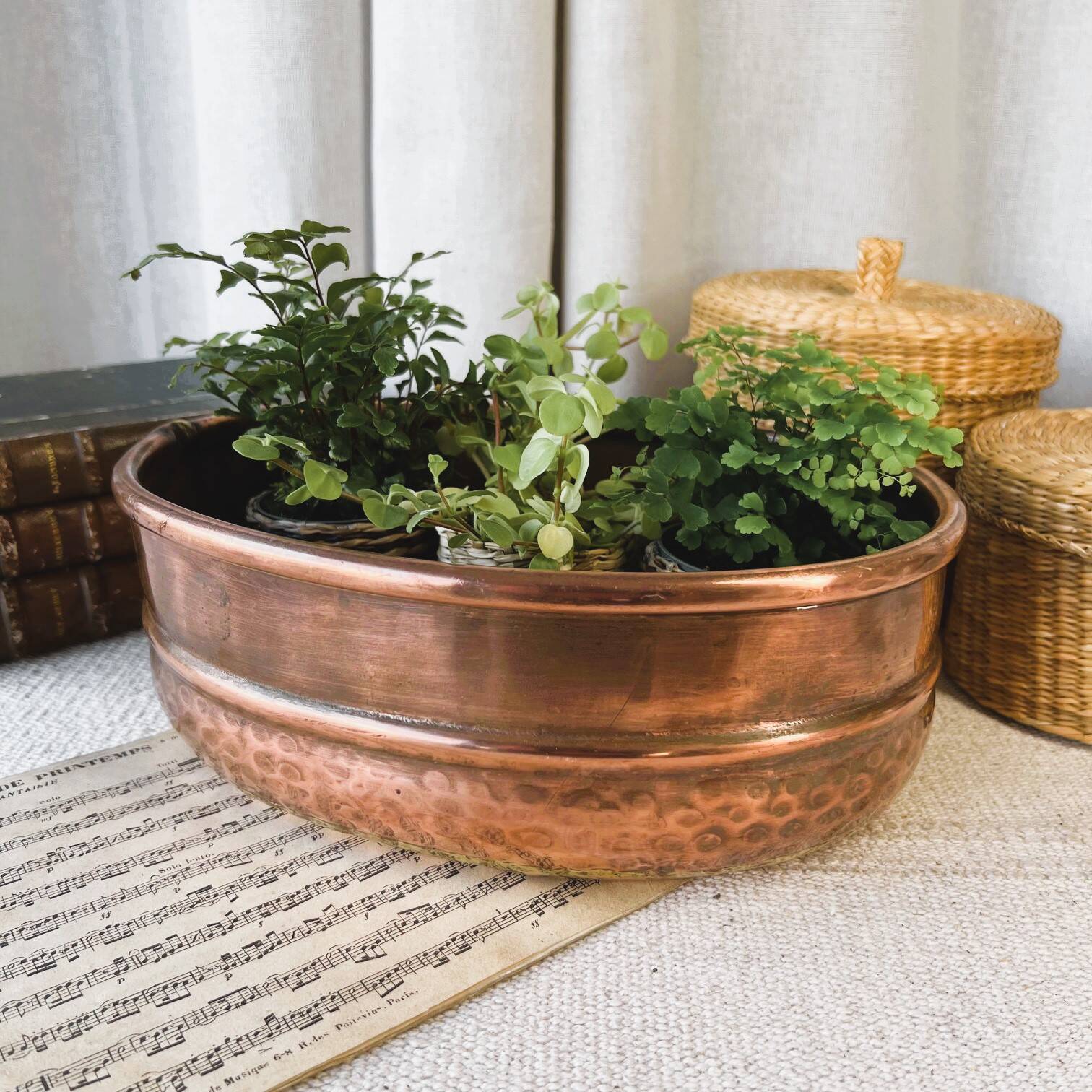 Oval hammered copper planter