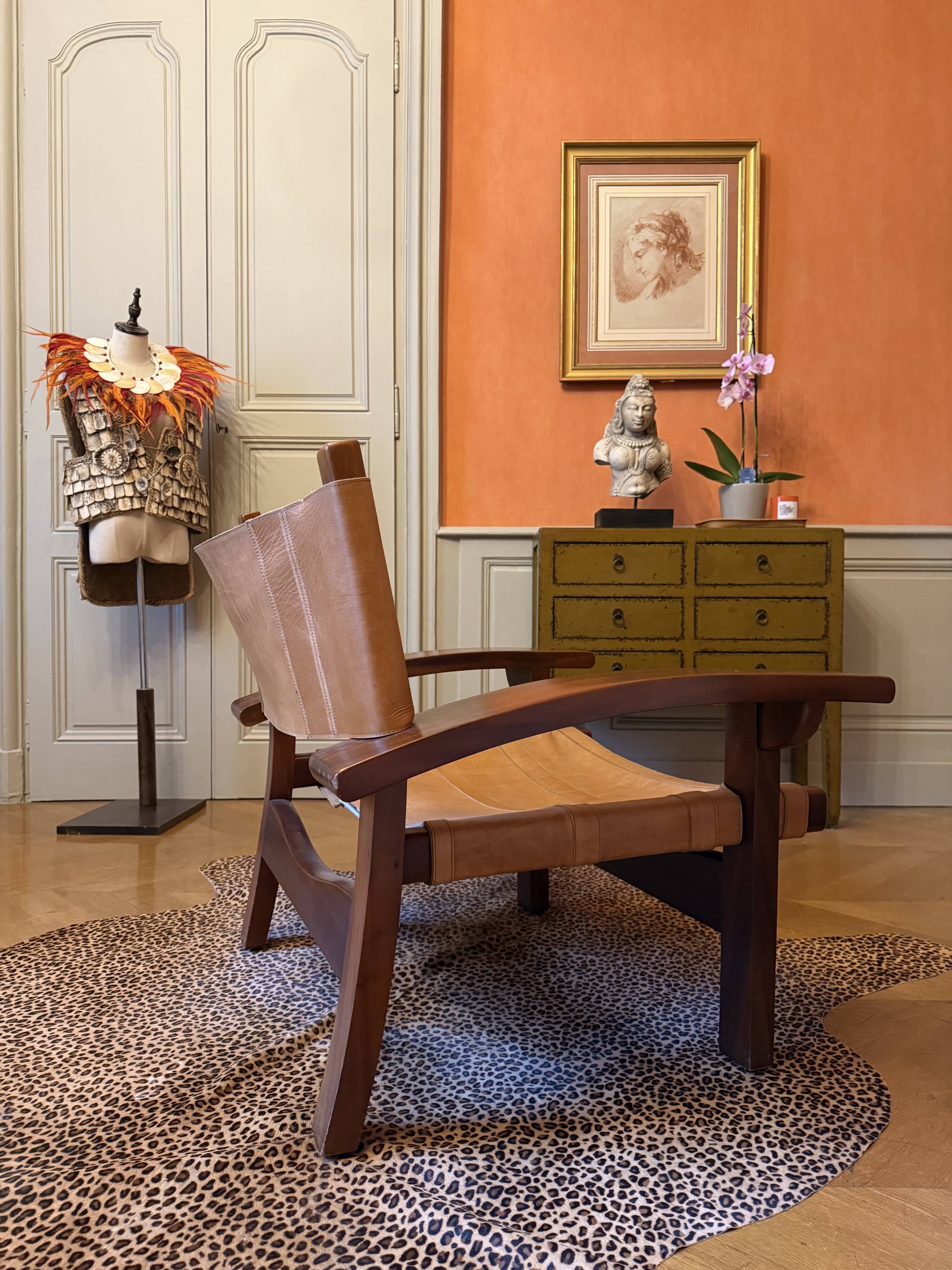 Wood and leather armchair