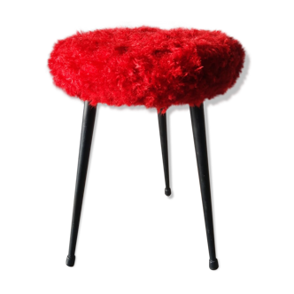 Tabouret tripode moumoute rouge années 60-70