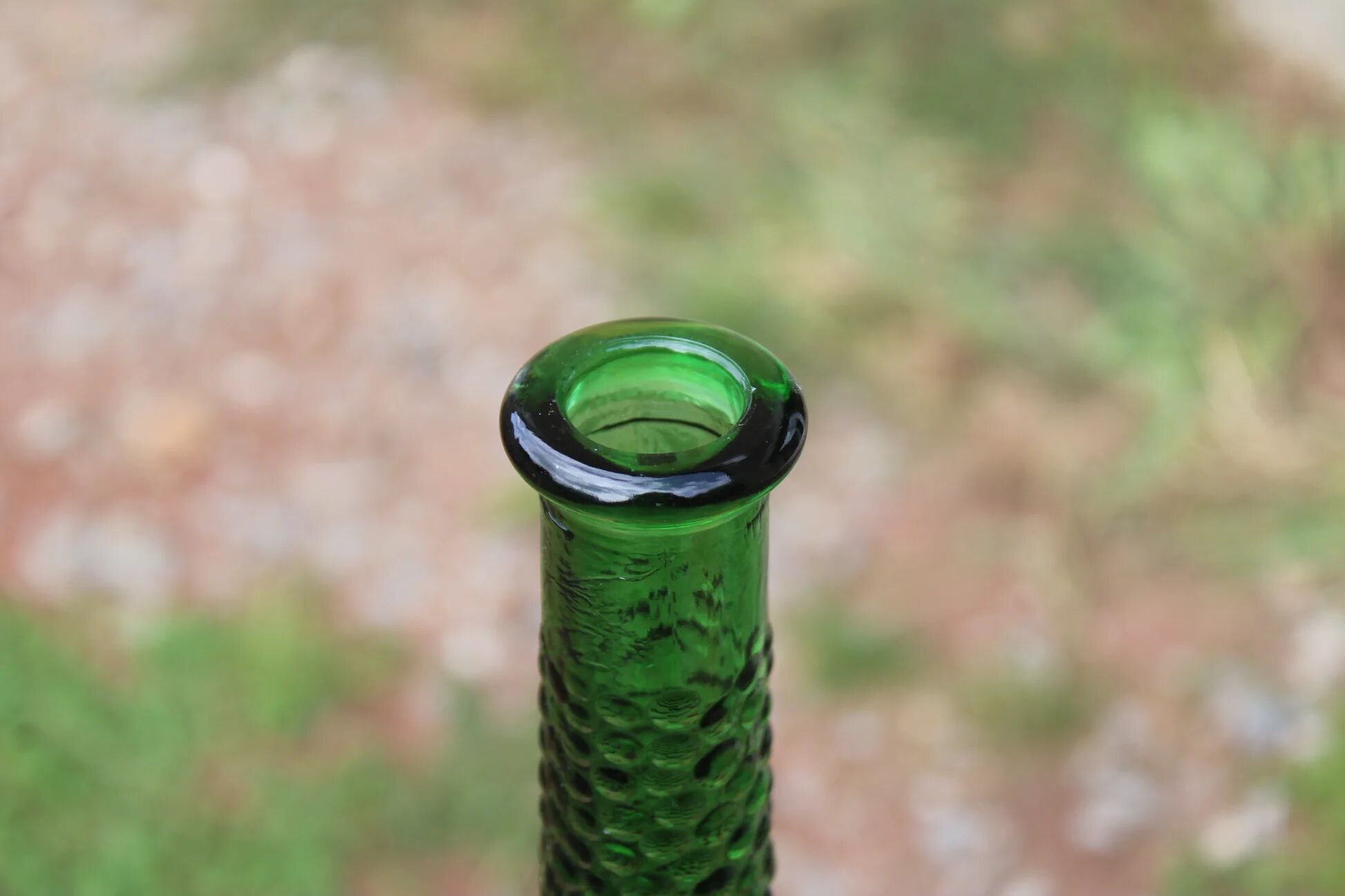Large decorative vintage green glass carafe/bottle with relief – H57 cm