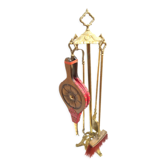 Old bronze chimney servant shovel broom bellows and clamp