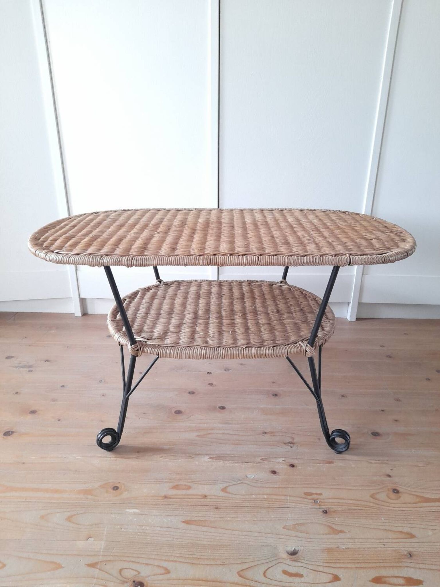 Rattan and wrought iron coffee table