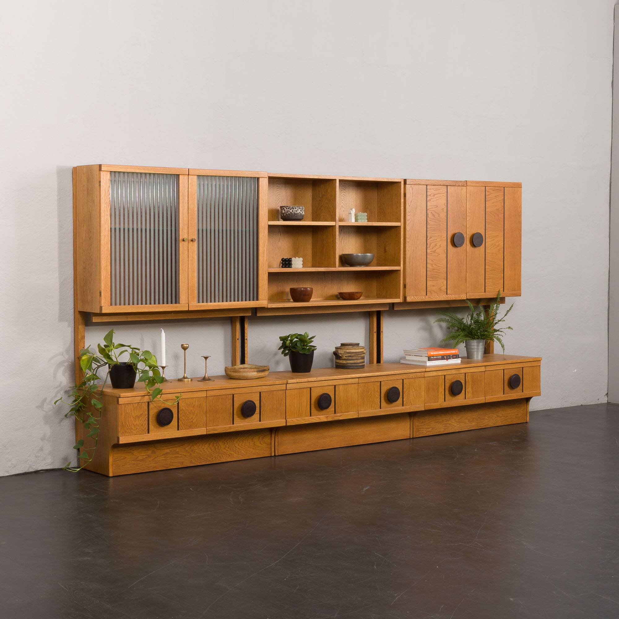 Scandinavian mid century oak wall unit with backlit, Denmark 1970s