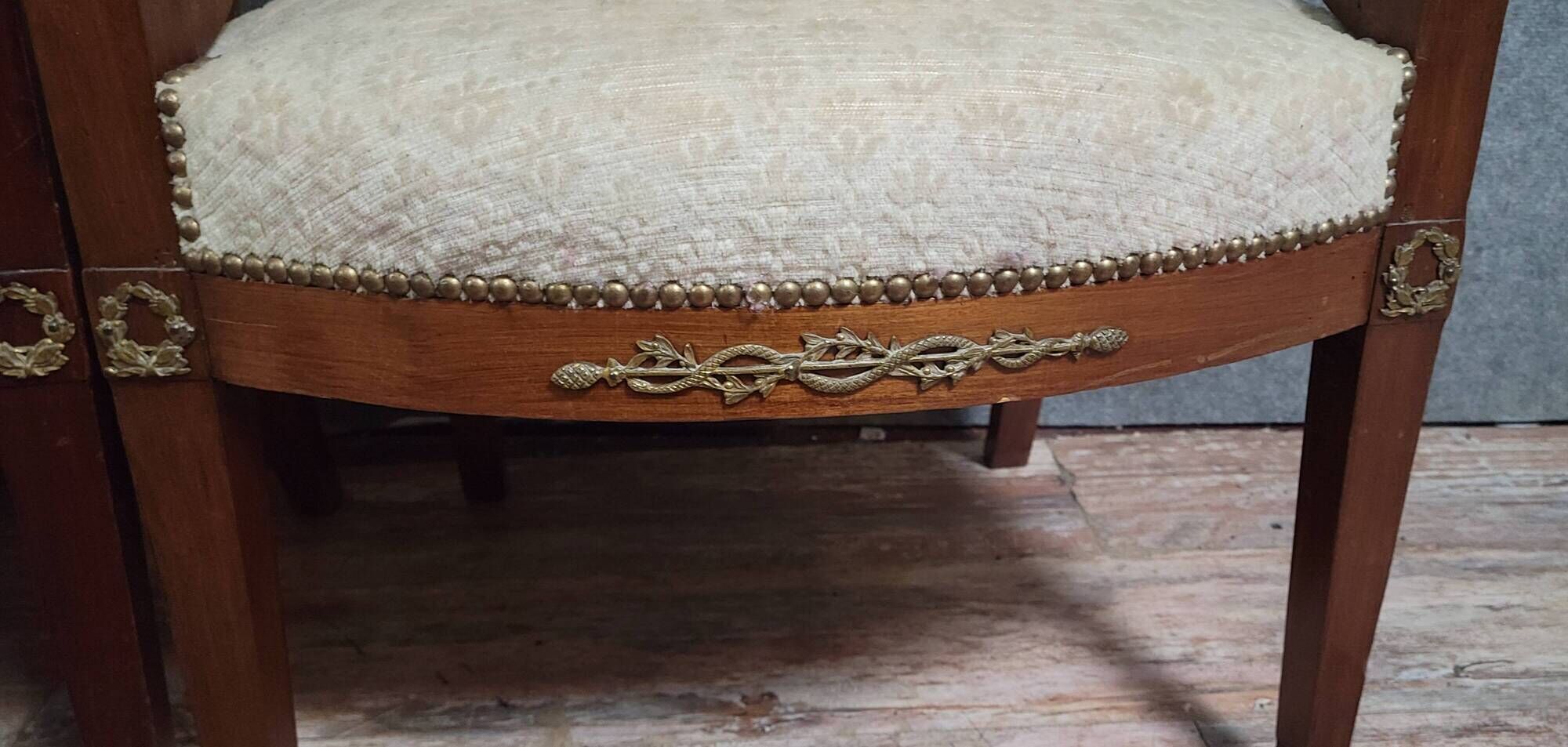 Pair of Empire period armchairs, in mahogany and gilded bronze.