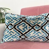 Ikat cushion in blue and black velvet