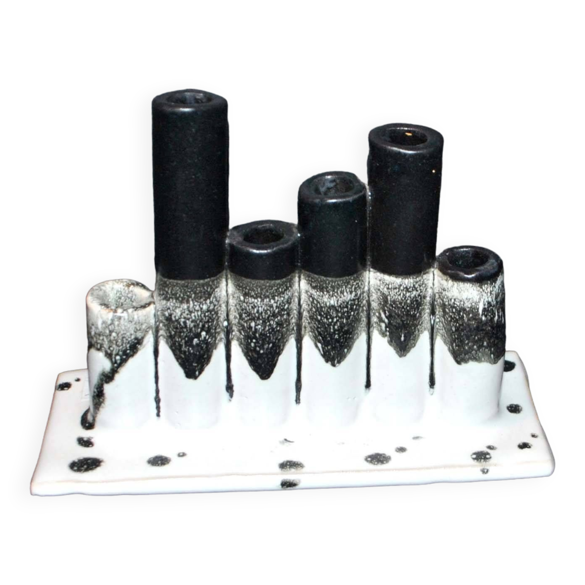 Vintage black and white ceramic soliflore vase - brush holder