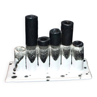 Vintage black and white ceramic soliflore vase - brush holder