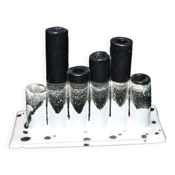 Vase soliflore vintage en céramique noir et blanc - porte-pinceaux