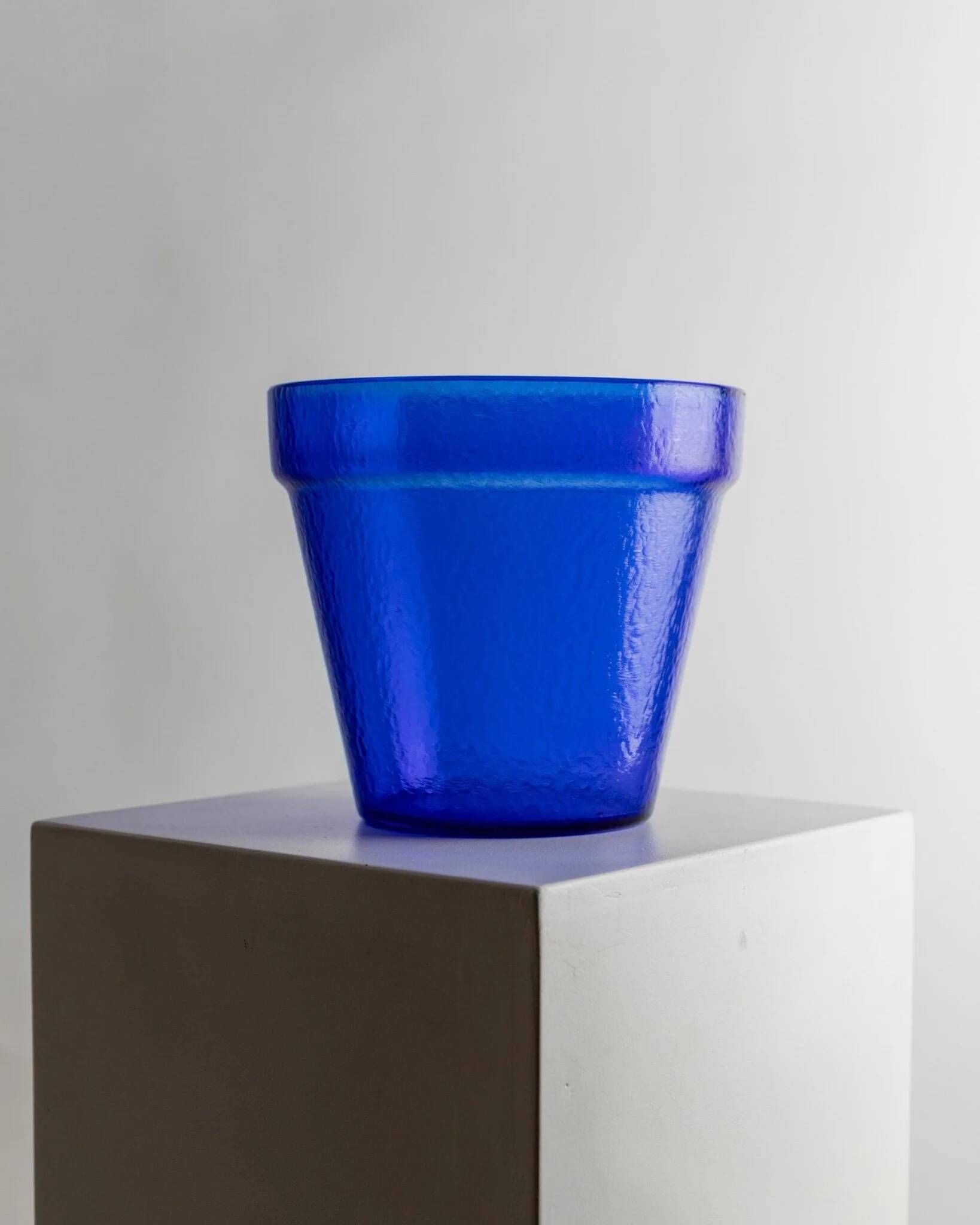 Large Vintage Deep Blue Glass Flower Pot with Textured Surface – Mid-Century Italian Glass, 1970s