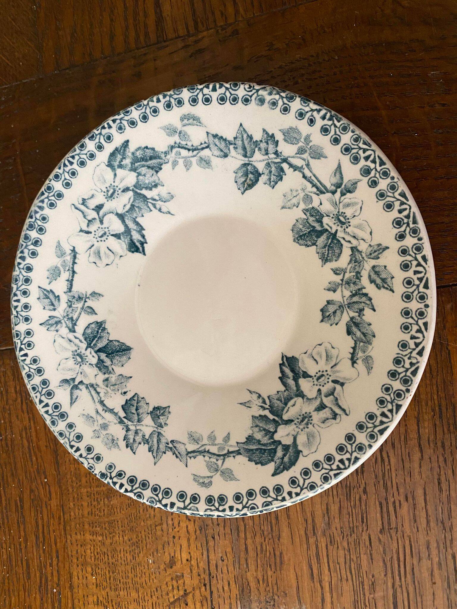 Cup and saucer old Iron earth stamped H.B.C.M Guadeloupe decoration flowers blue-green