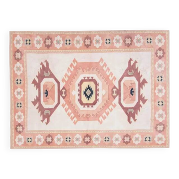 1970s Turkish Oushak Handmade Wool Cotton Pink Area Rug 183x244