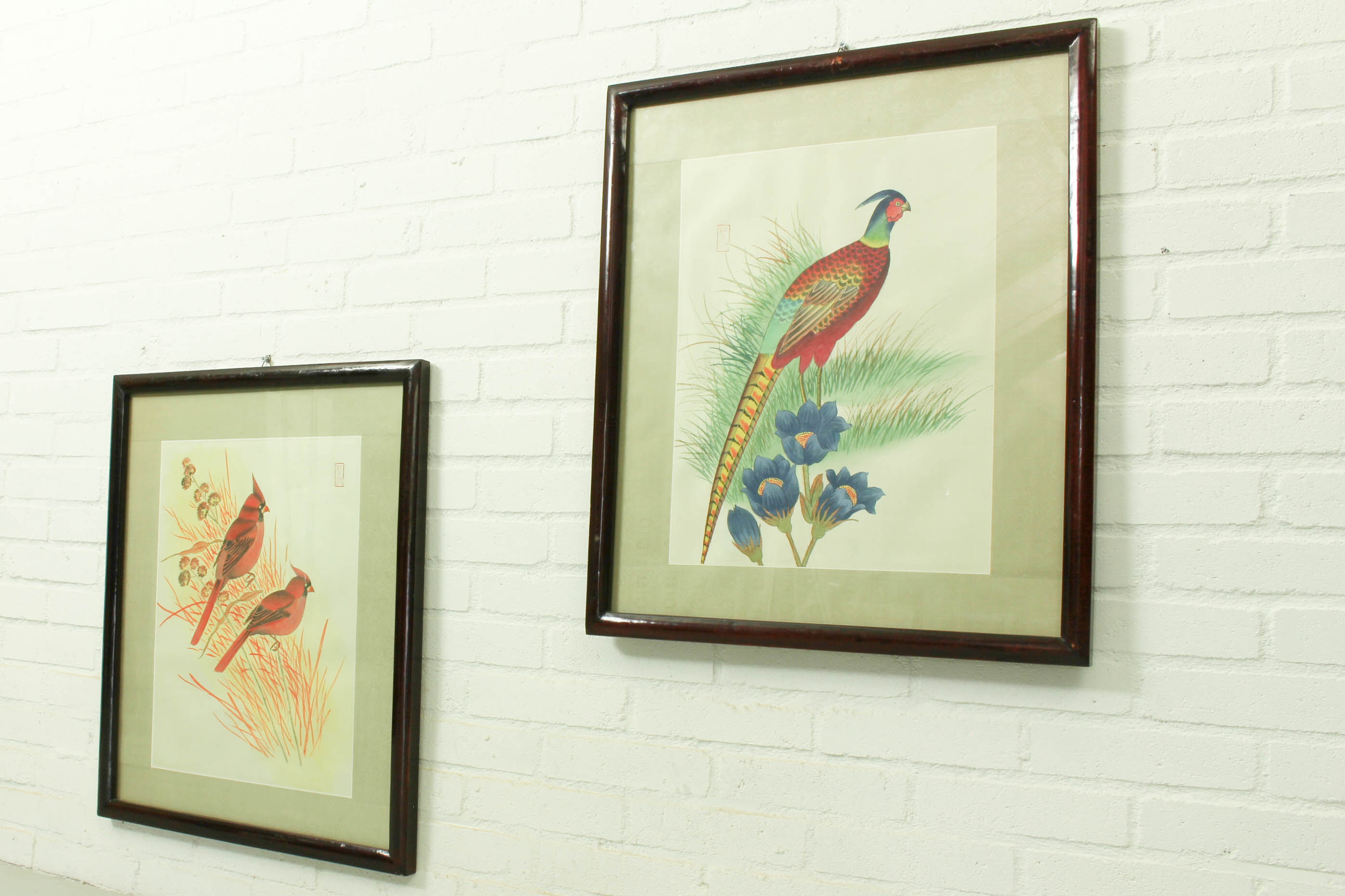 Antique asian painting on rice paper in high quality wood frames, c 1910s