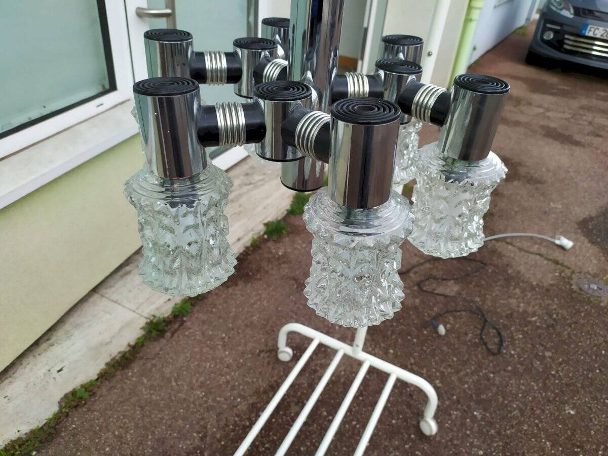 Vintage ceiling light in chrome-plated and cut glass, Targetti 1970 chandelier