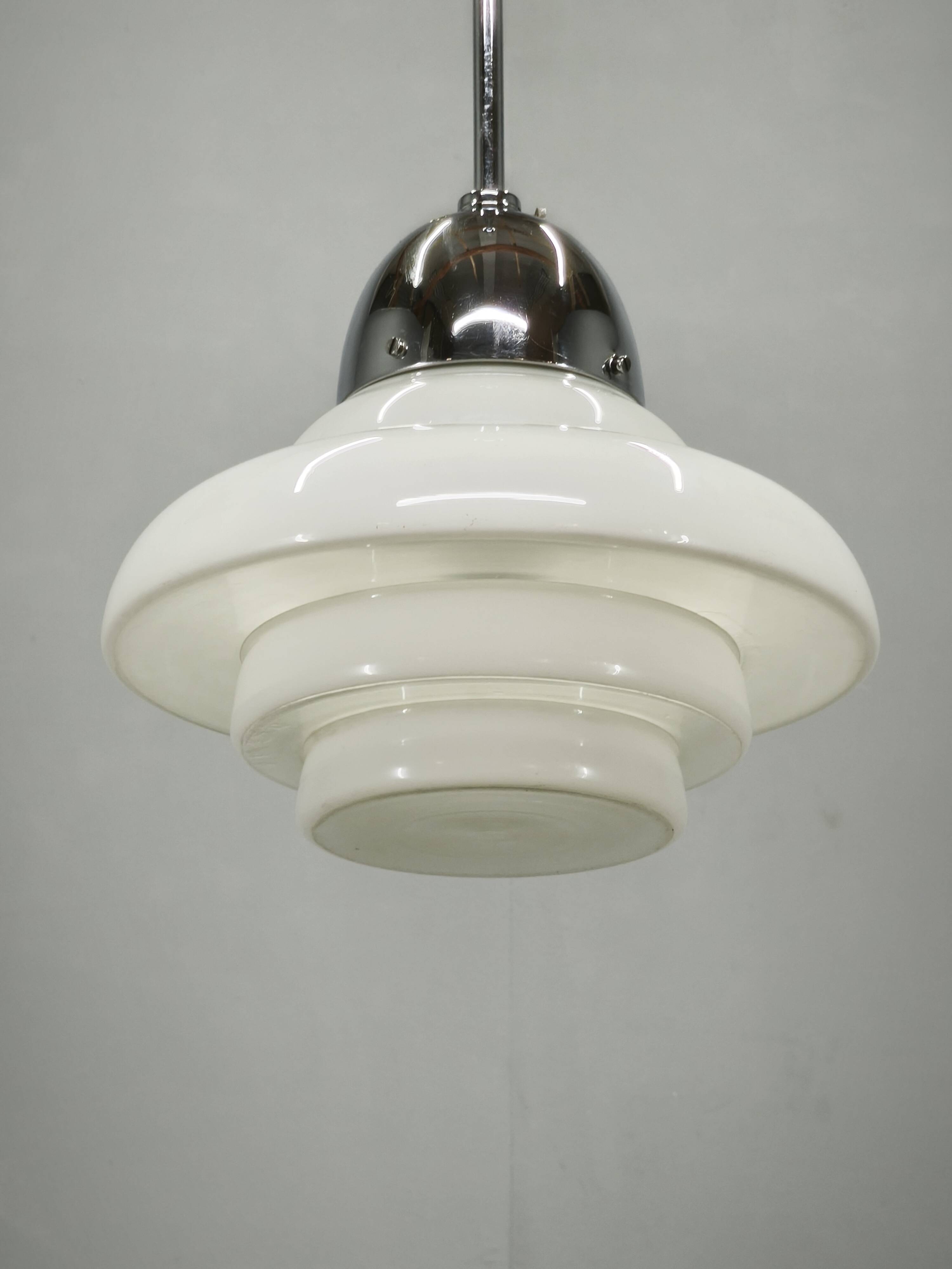 1930s Art Deco Bauhaus Opaline Glass and Chrome Pendant Light
