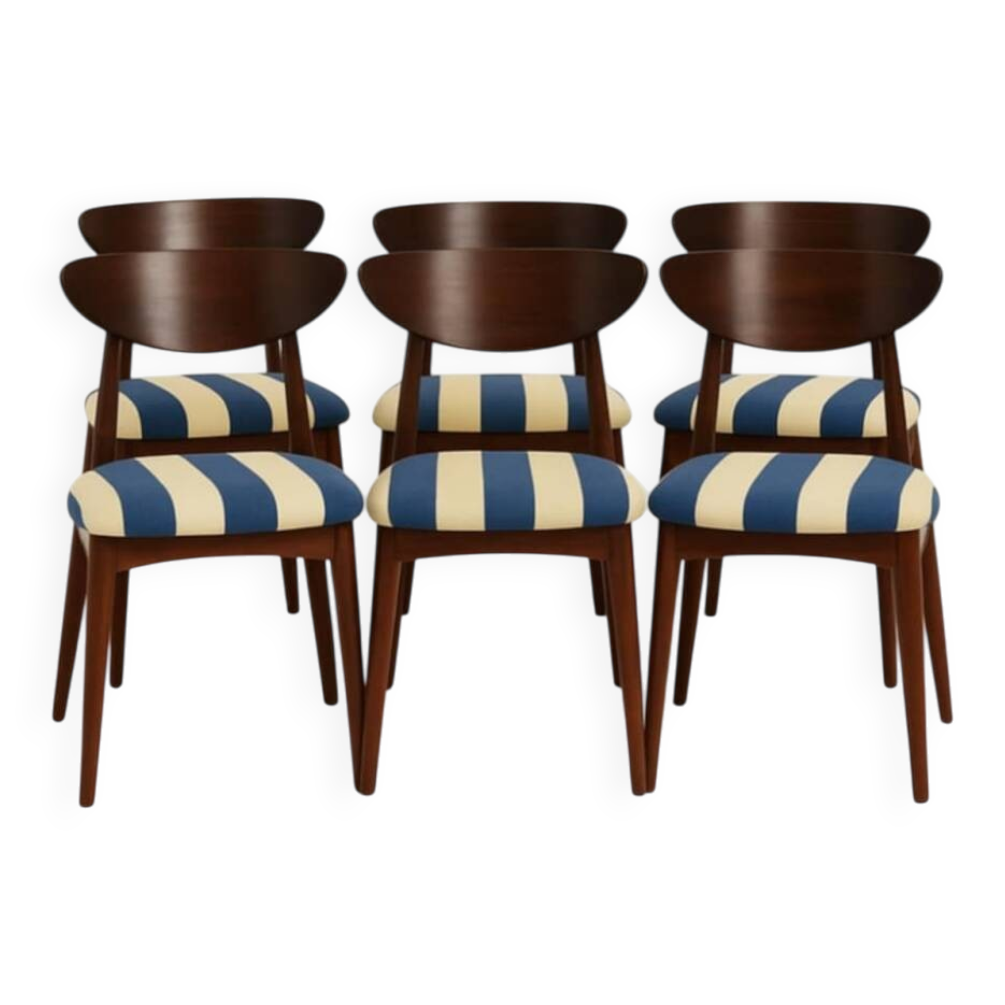 6 chaises en tissu rayé et bois de hêtre foncé