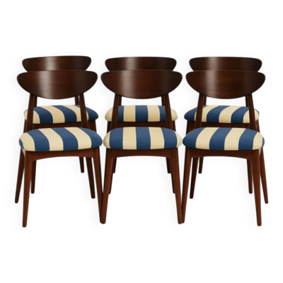 6 chaises en tissu rayé et bois de hêtre foncé